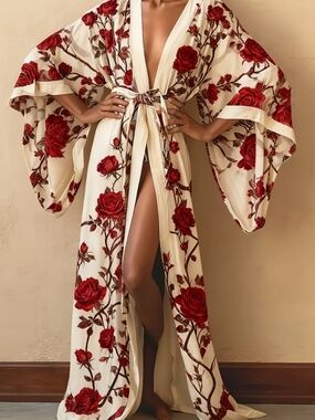 Ivory Floral Rose Kimono Robe with Red Roses
